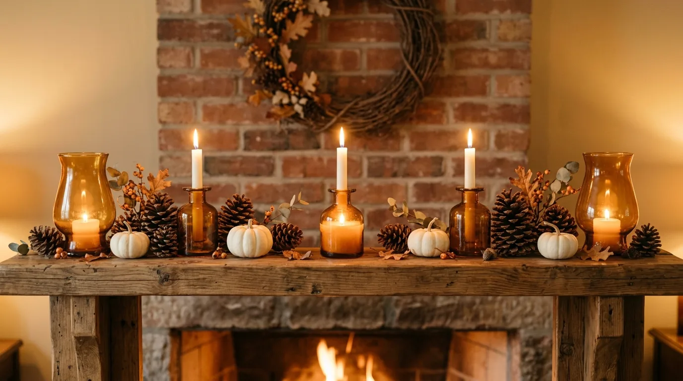 Use layered branches to build shape and height inspiration for a fall mantel display.